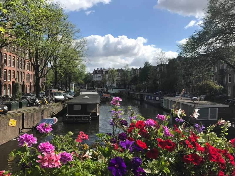 Amsterdam canal with houseboats and flowers